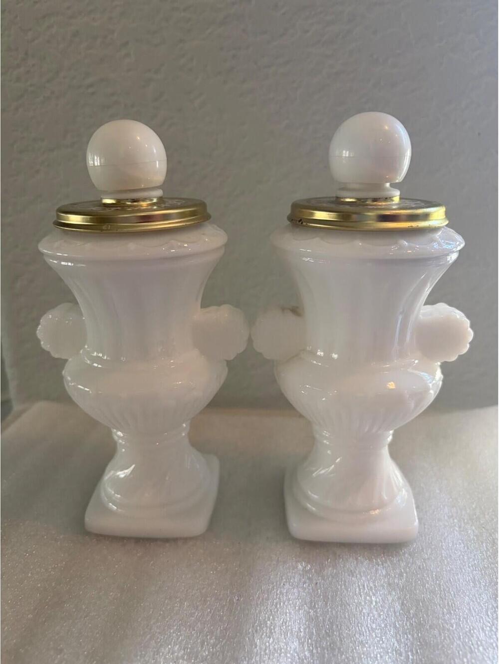 Set of 2 Vintage Avon White Milk Glass perfume bottle 1970’s Urn Shape 6”